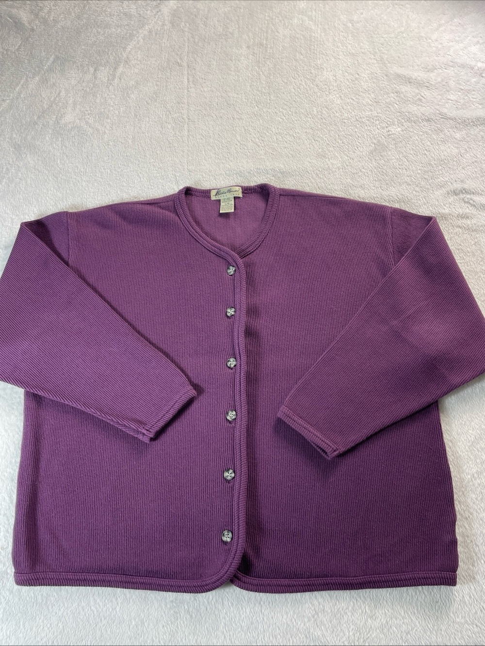 Women’s LG Purple Eddie Bauer 100% Cotton Ribbed Knit Button Up Cardigan Comfy